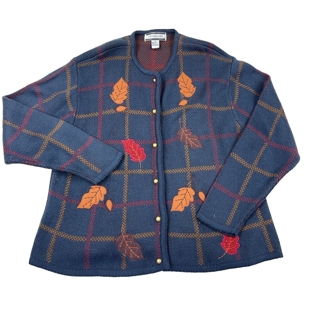 Vintage Crystal Kobe Cardigan Sweater Women XL Blue Knit Fall Leafs Grandma Boho